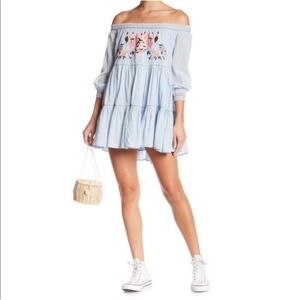 Free People Sunbeams Embroidered Mini Dress Blue Women's Size Medium